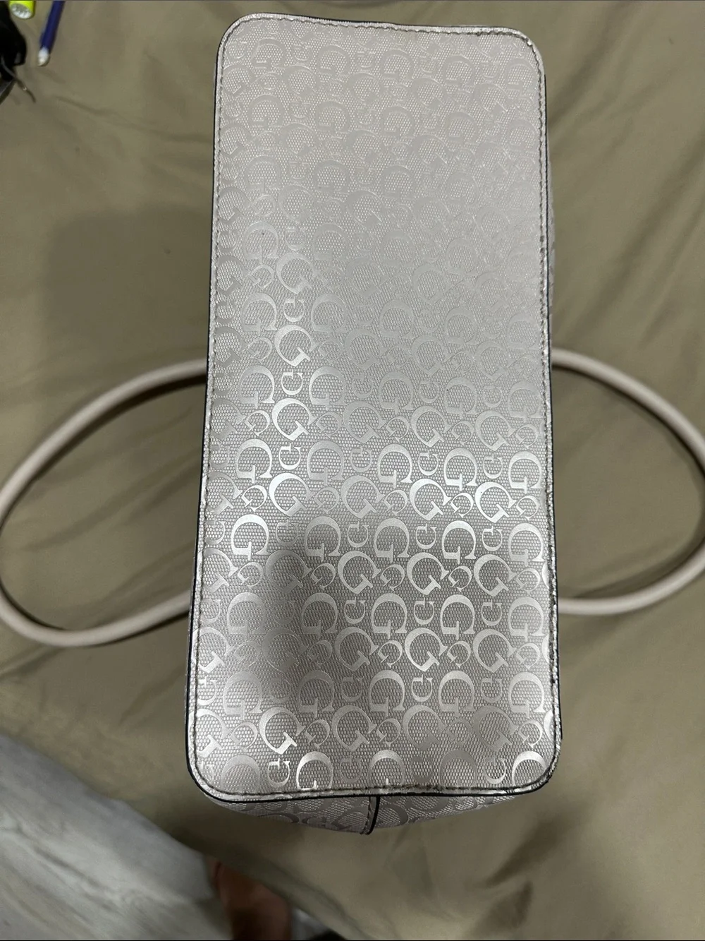 GUESS Cream Logo Tote Satchel with Silver Charm